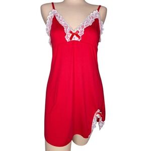 Y2K Babydoll Slip Dress‎ XS Lace Trim Red Coquette Holiday Lingerie Mini Retro